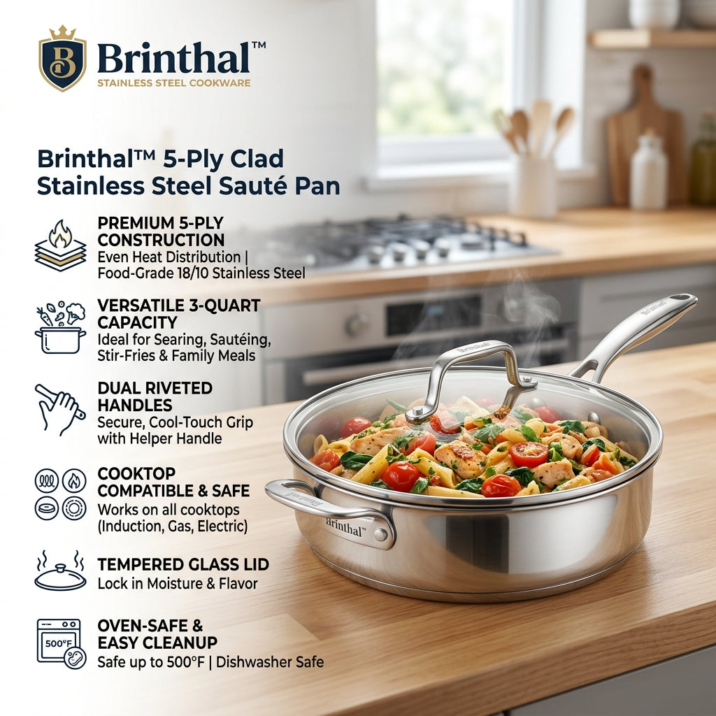 Brinthal™ 5-Ply Clad Stainless Steel Sauté Pan with Helper Handle