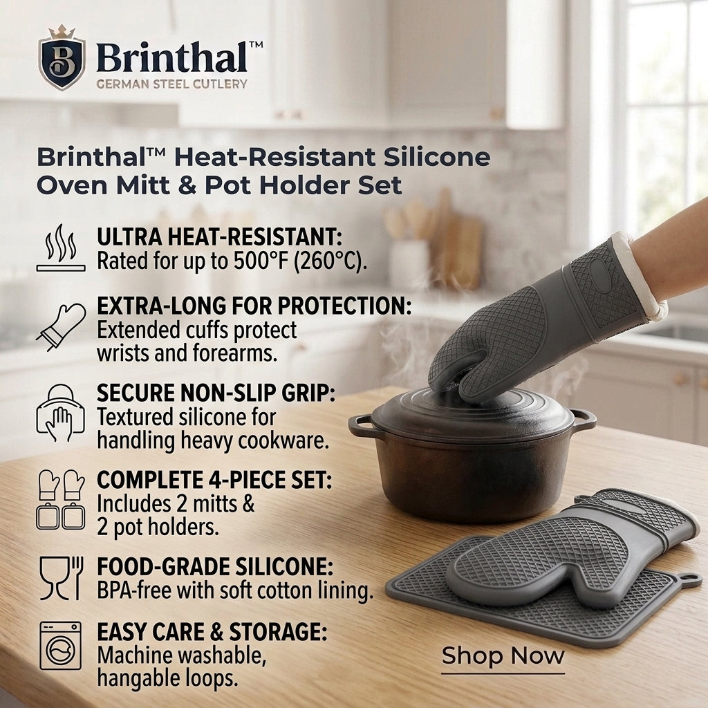 Brinthal™ Heat-Resistant Silicone Oven Mitt & Pot Holder Set